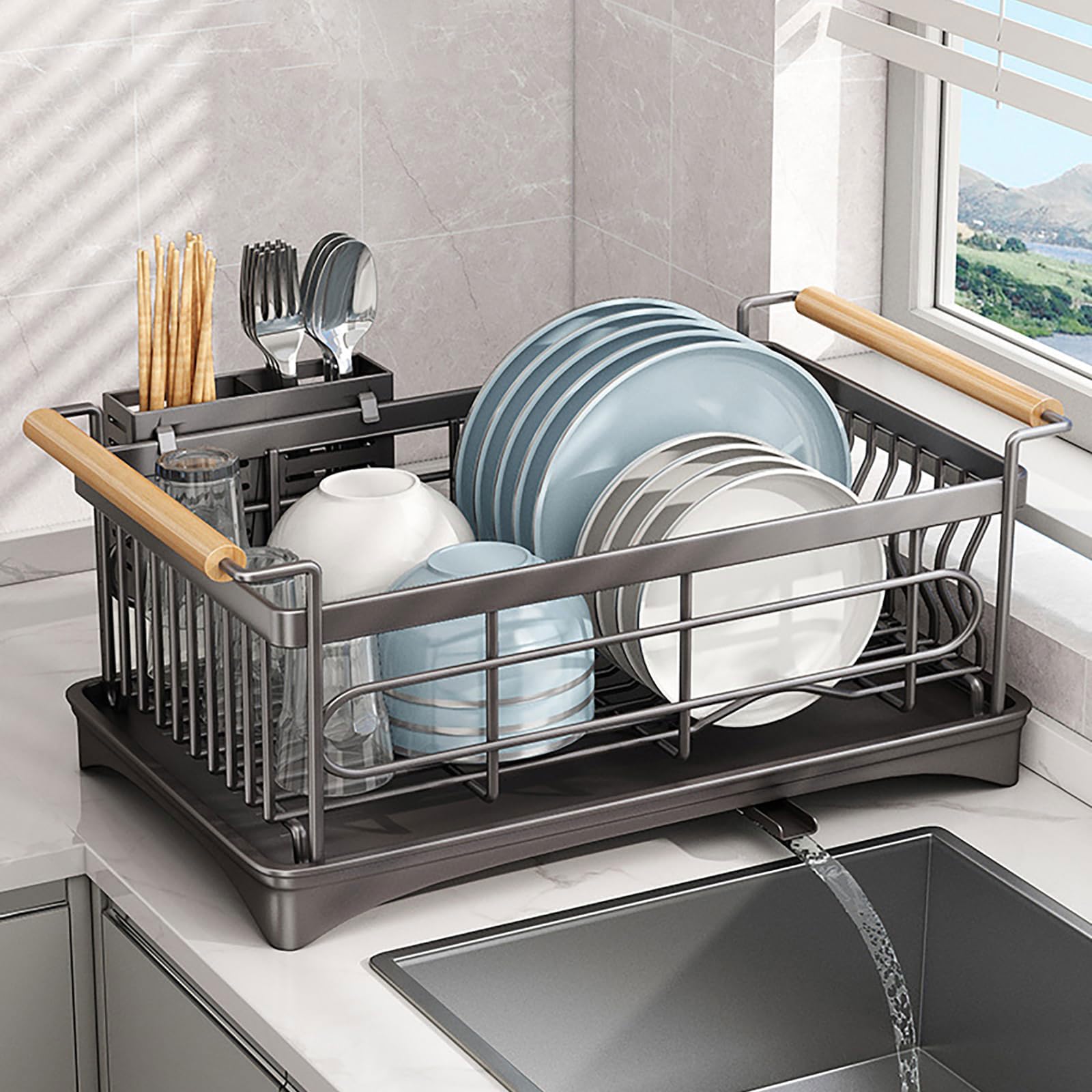 Abtropfgestell Geschirr 46*31*23CM Edelstahl-Abtropfgestell mit Besteckhalter 360°Drehbarem Auslauf Küchenorganizer Platzsparender rostfreies Geschirrtrockengestell für Teller Tassen Besteck