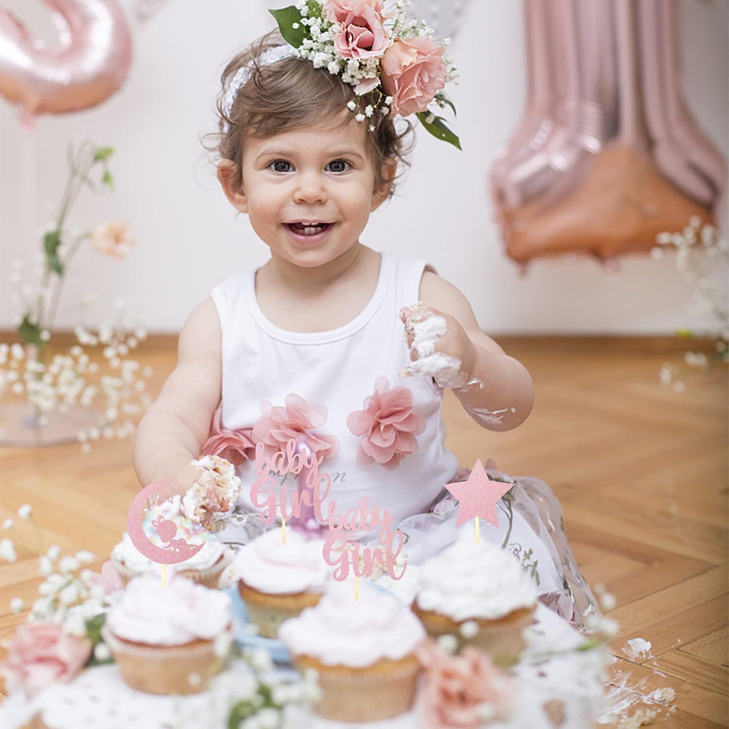 SYKYCTCY 24 Pack Pink Baby Girl Cupcake Toppers with Glitter Star Moon Baby Shower Cupcake Picks Baby Shower Girls Birthday Party Cake Decorations Supplies - Image 5