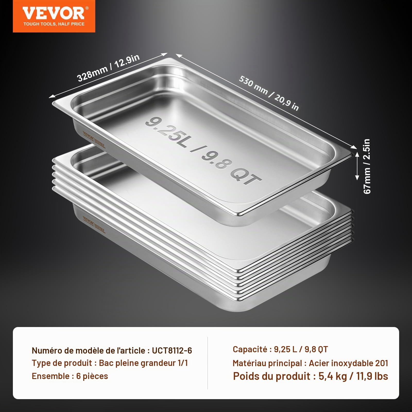 VEVOR Bac Gastronorme GN 1/1 Lot de 6, Récipient Inox pour Bain-marie 0,8 mm d'Épaisseur, Bac Inox Alimentaire 6,7 cm Profondeur, pour Fours à Convection, Réfrigérateurs, Stockage, Restauration