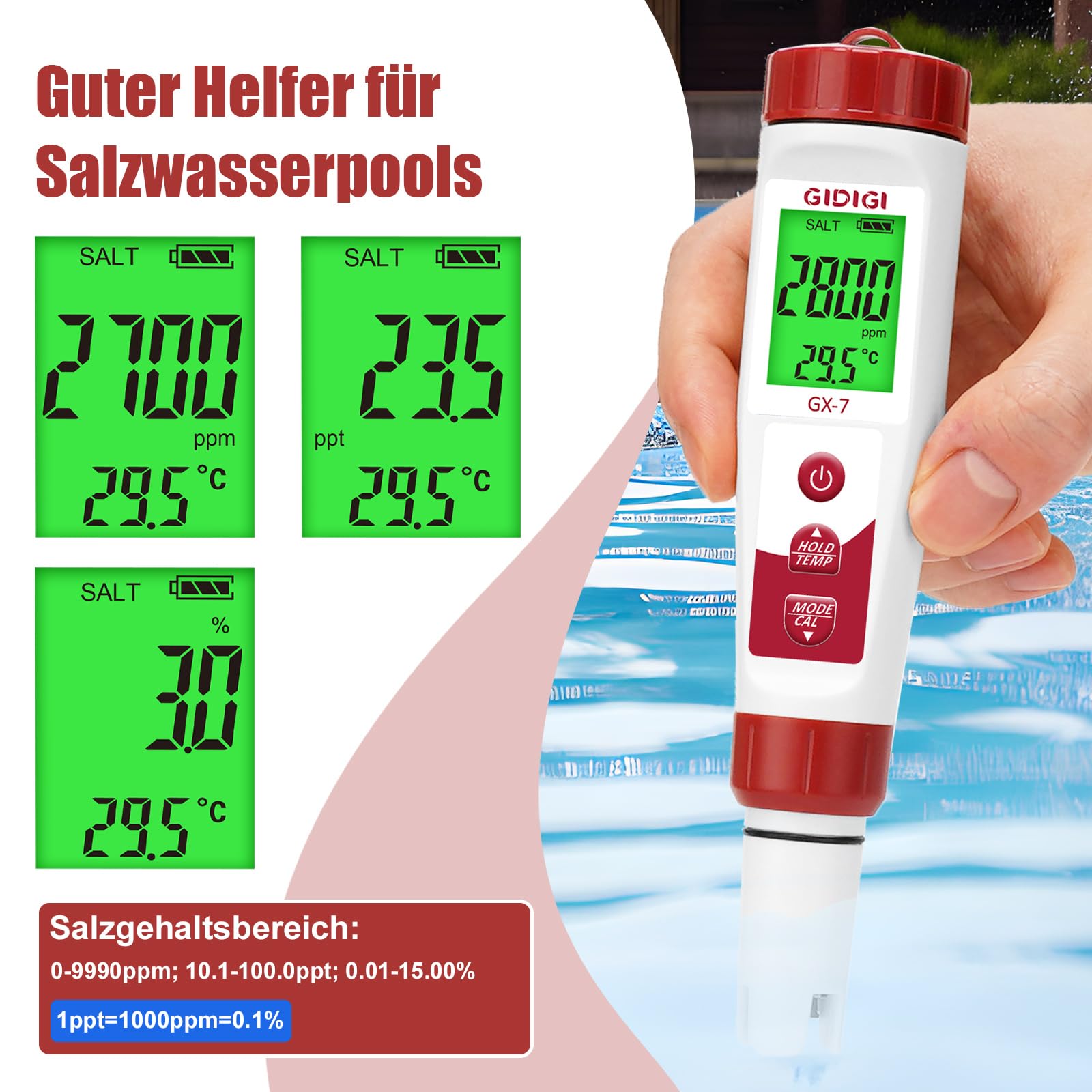 Digitales Pool Wasser Messgerät Set 7-in-1 pH-Meter & Chlortester mit Salzgehalt/TDS/EC/Temperatursensor für Pool, Spa, Aquarium, Hydrokultur & Trinkwasser