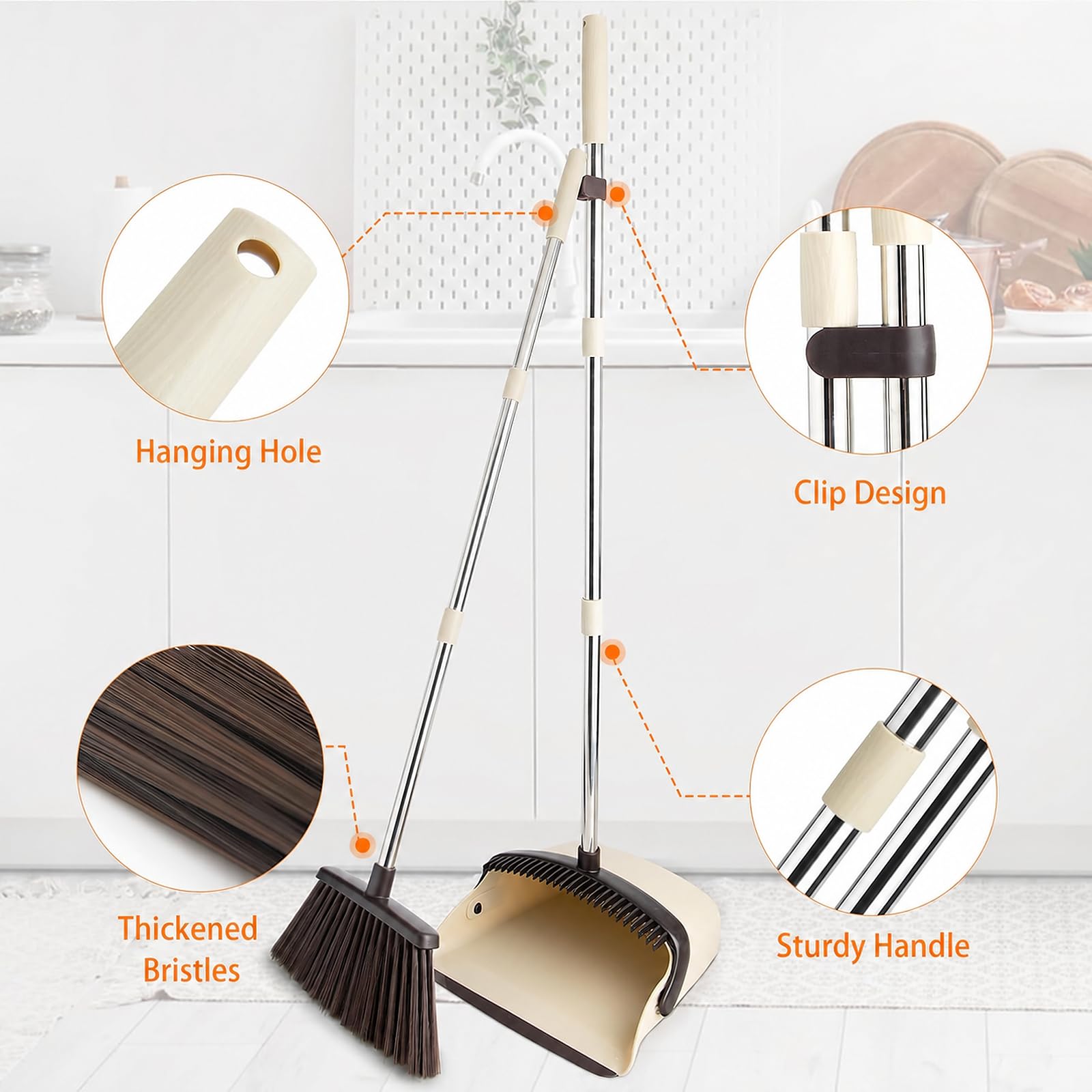 Juego de escoba y recogedor, limpieza eficiente del suelo con escoba, mango largo y recogedor de pie con dientes de peine, mango ajustable para el hogar, cocina, oficina, vestíbulo (beige)