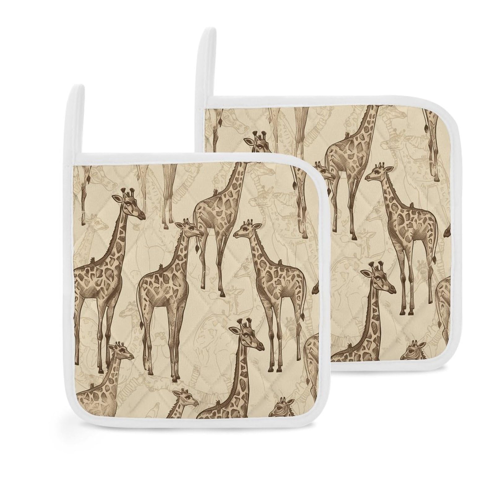 Btcowzrv Style Hand Drawn Giraffes 2 Pack Pot Holders For Kitchen, Heat Resistant Potholder Set With Hanging Loops, Hot Pads For Oven Baking Cooking
