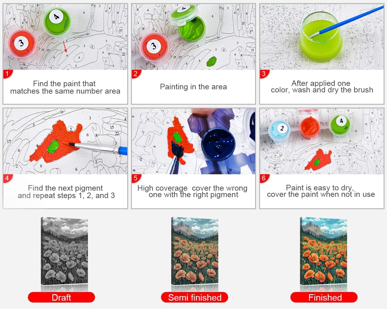 Mountain Paint by Number Kits, Flowers at the Foot of the Mountain Paint by Numbers DIY Paint by Numbers Kit for Adults, Bloom Flower Paint by Number on Canvas for Home Decor 16x20 inch with Frame