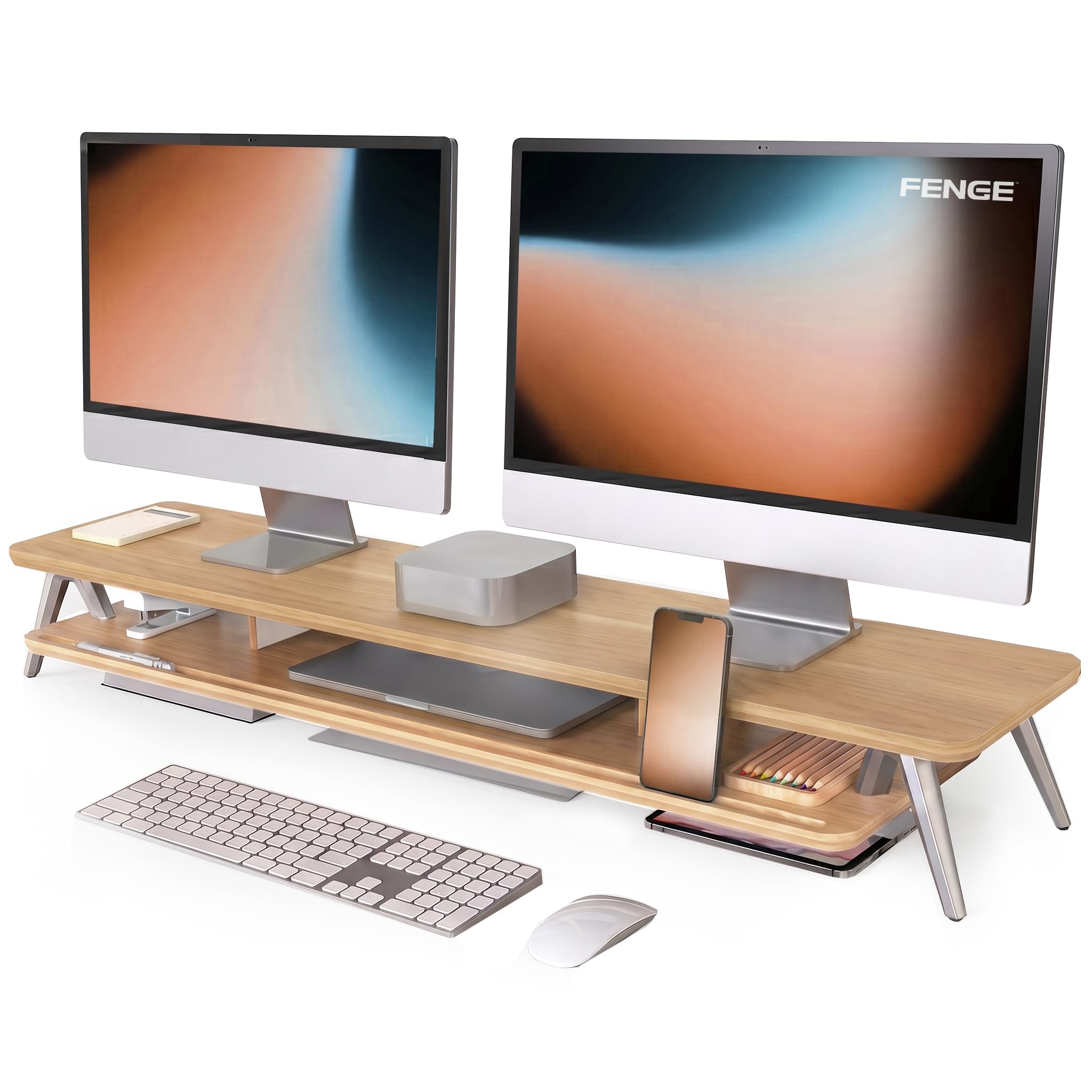 Fenge Dual Monitor Stand Riser, Wooden Desk Shelf with 2-Tier Storage