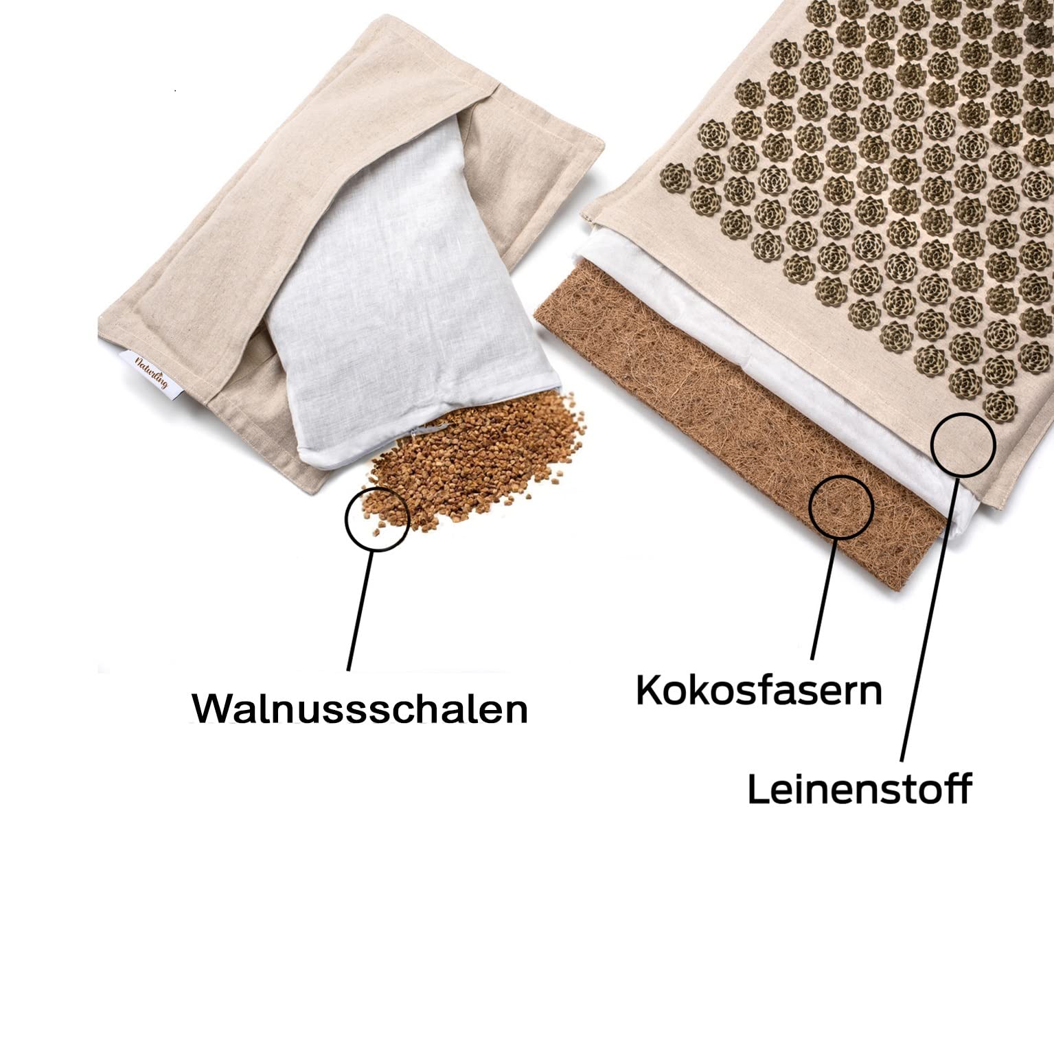 naturling Akupressurmatte 70x45cm mit Kissen und Tasche - nachhaltiges Akupunktur Matte Set aus Leinenstoff und Kokosfasern
