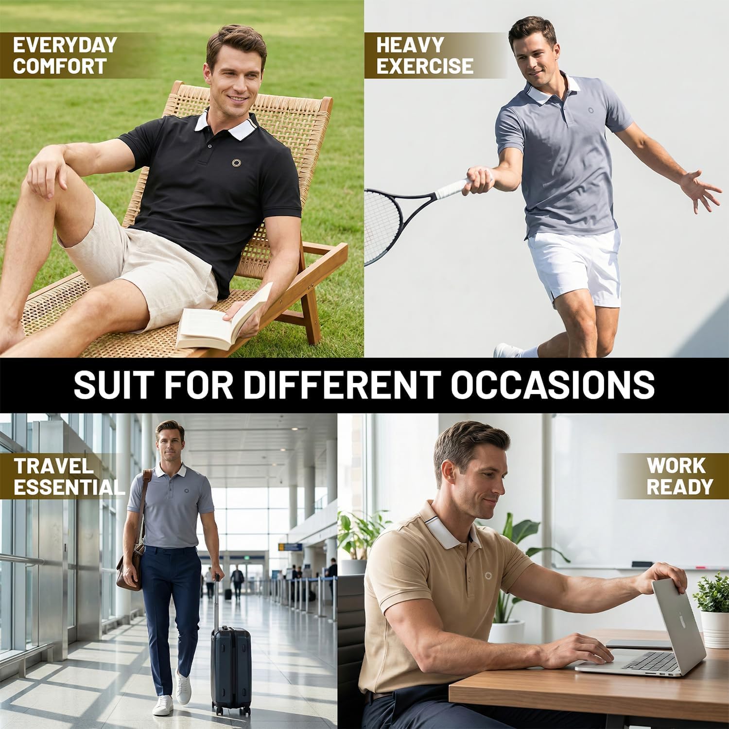 Performance Polo Shirts for Men, Moisture-Wicking Poly-Spandex Blend, Quick-Dry Shirt for Work, Travel & Sports