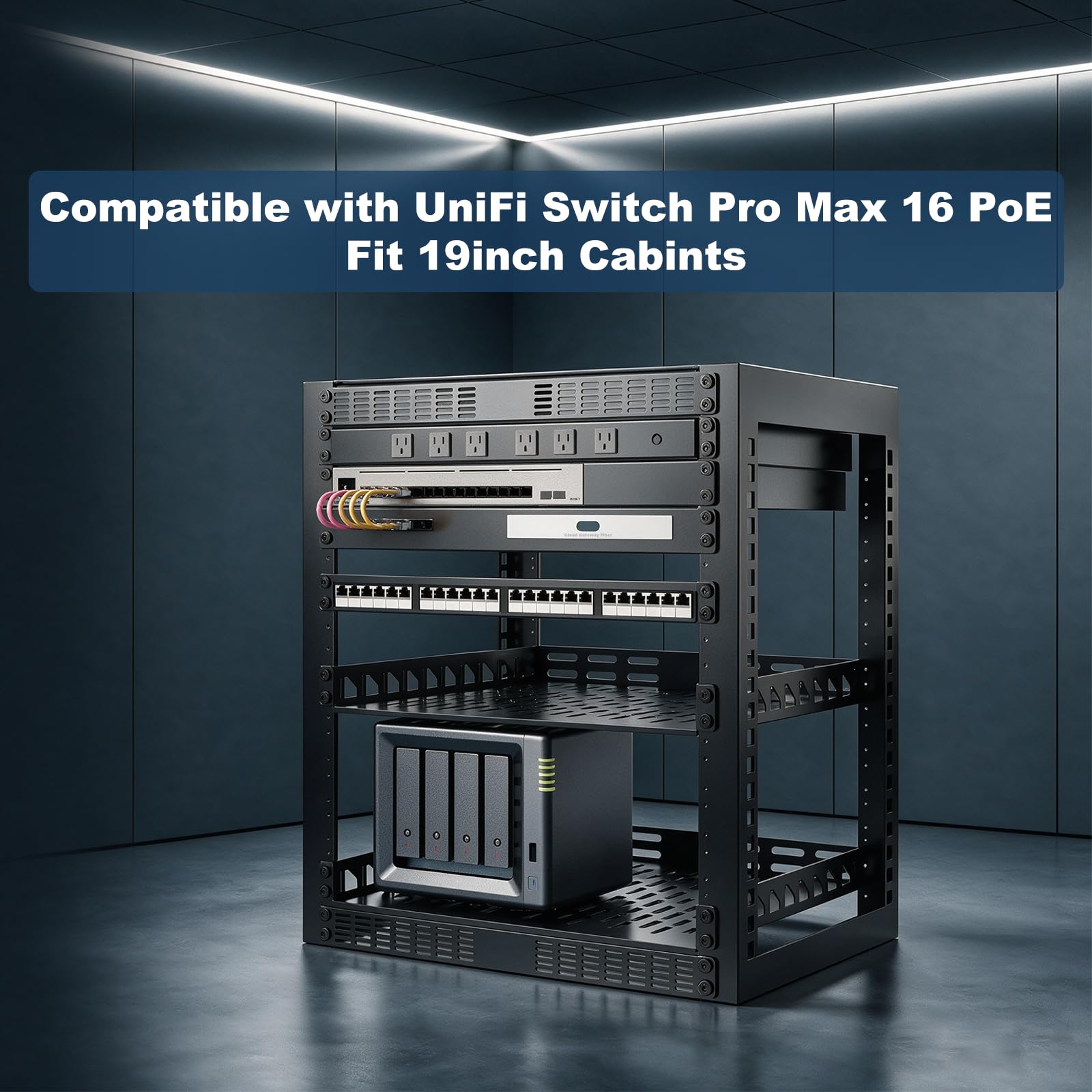 Supporto rack in metallo 1U da 19 pollici per UniFi Switch Pro Max 16 PoE, scaffale rack per server in acciaio verniciato a polvere nero Supporto per switch di rete sicuro 1U con flusso d'aria