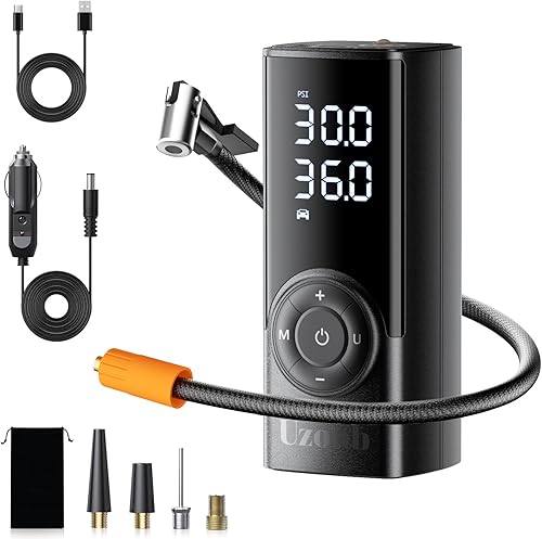 TM-A - Inflador de neumáticos portátil, compresor de aire portátil de 12 V, bomba de aire portátil con manómetro - Inflado rápido en un minuto,