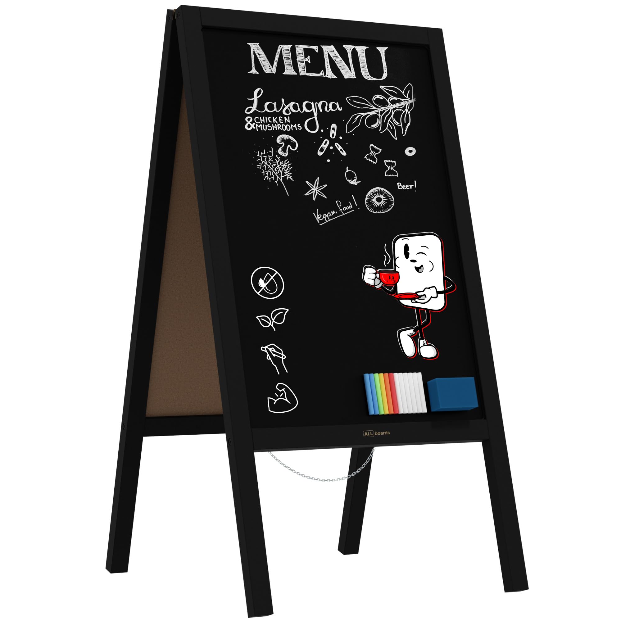 ALLboards Pavement Sign with Black Varnished Wooden Frame 118x61cm, Sidewalk Advertising Board Chalkboard A-Frame with Chain Double Sides for Shop Pub Restaurant