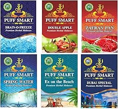 PUFF SMART Herbal Hookah Molasses (100% Nicotine and Tobacco Free) Double Apple, Brain-o- Freeze, Zafran Pan, Dubai Special, Ex on The Beach and Spring Water Hookah Flavor (Pack of 6)