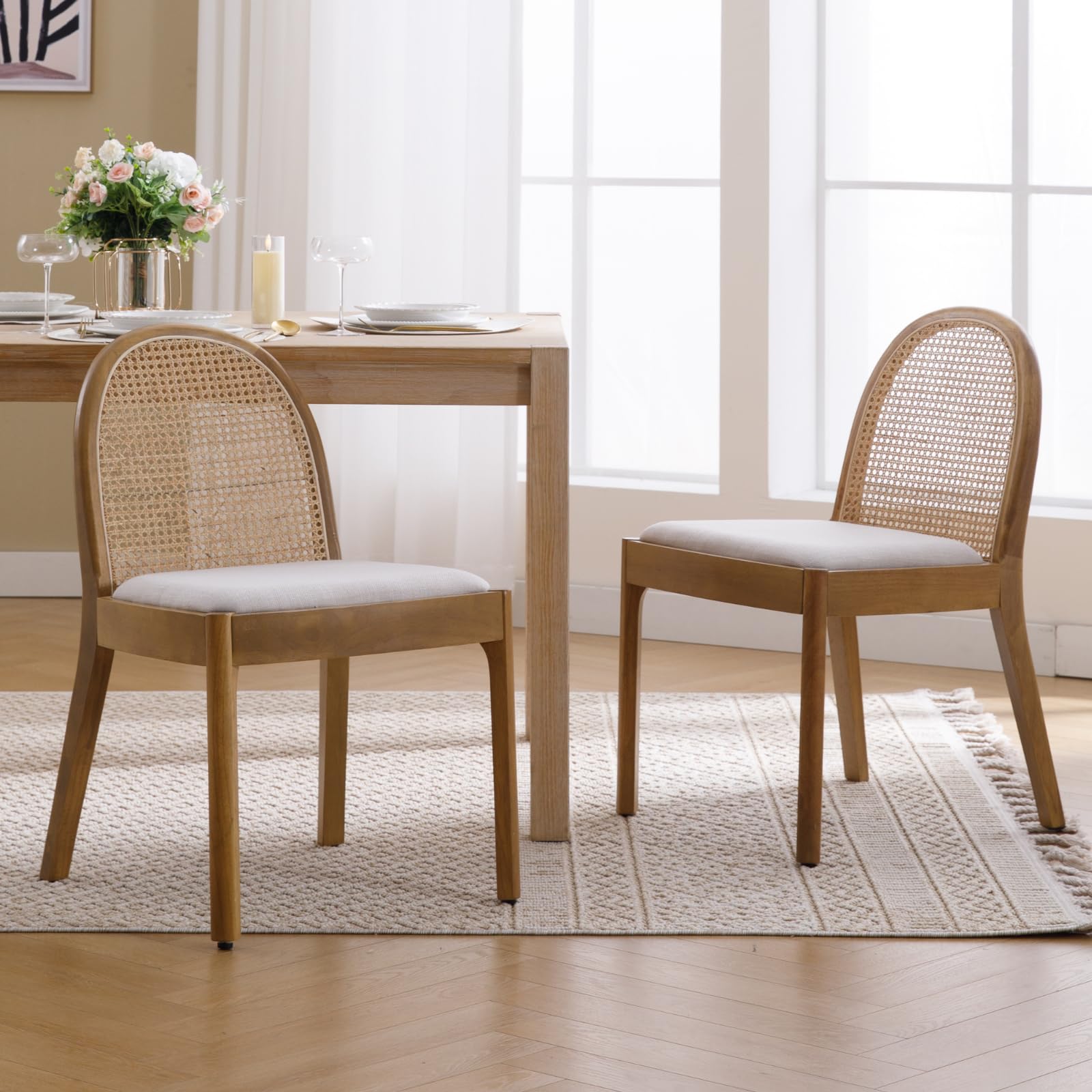 HEAH-YO Rattan Dining Chairs Set of 2, Upholstered Linen Dining Room Chairs with Backrests, Modern Kitchen Chairs with Wood Legs for Dining Room,