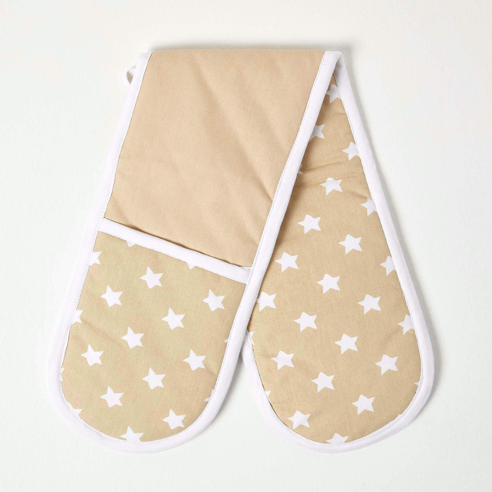 Homescapes Beige Stars - Pure Cotton Double Oven Glove - Stars - Beige White - 18 X 84 Cm - Fully Coordinated Washable Kitchen Linen