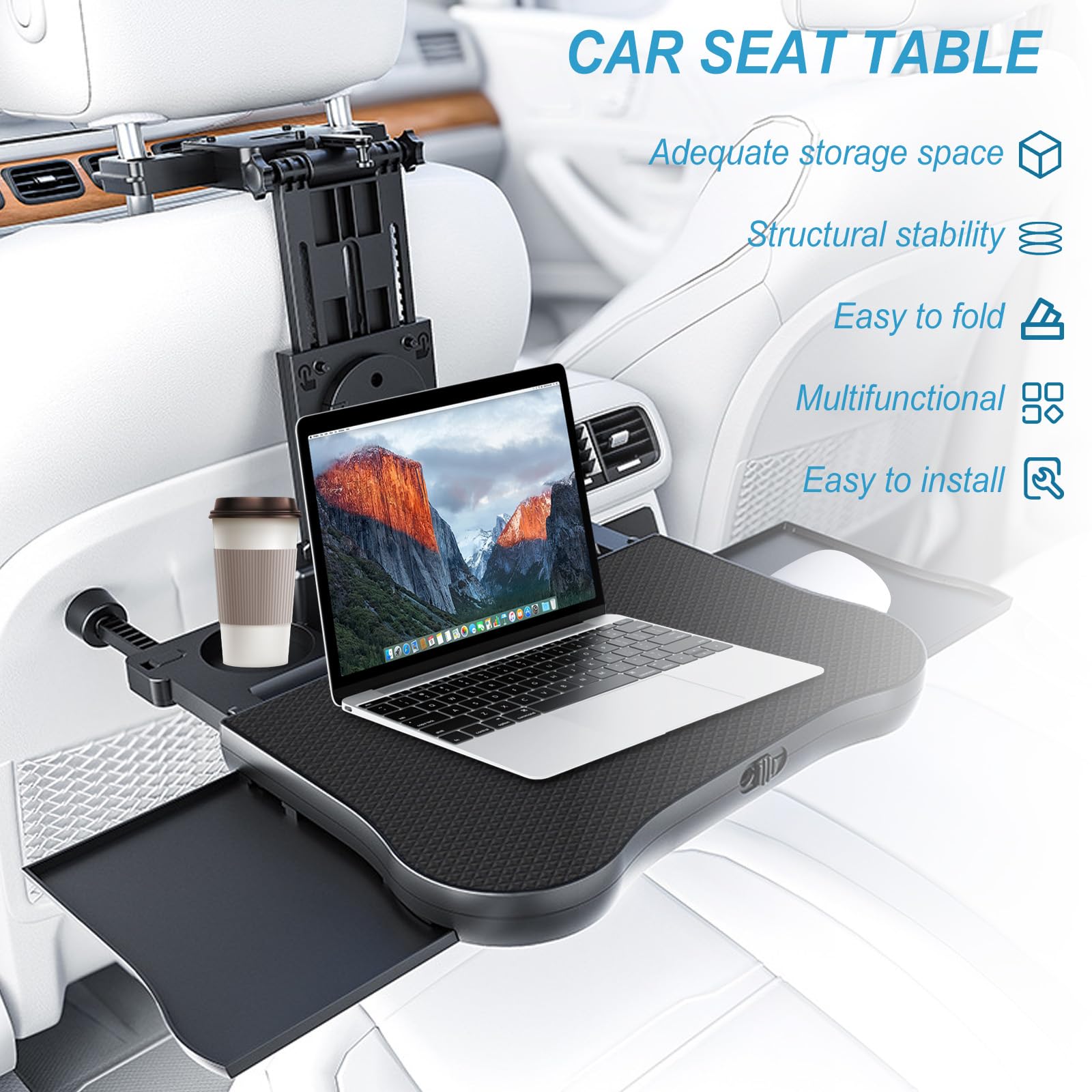Tragbarer Autositz Tabletttisch, Auto Tisch für Rücksitz Beifahrer mit Getränkehalter und Handyhalter, Multifunktional Esstisch für Kinder Erwachsene Klappbar Einstellbar, Belastbarkeit 15-20 kg