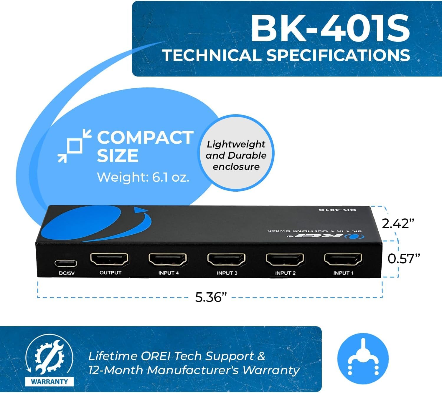 OREI Commutateur HDMI 4K 4 x 1, commutateur Arc Audio Extracteur Prend en Charge jusqu'à 4K 2K 30Hz 1080P IR Télécommande