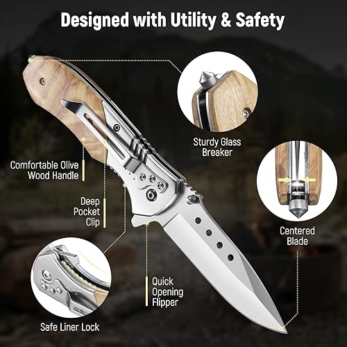 Vista 38 de Navaja de bolsillo para hombre – Cuchillos de bolsillo plegables con mango de madera con clip, rompedor de vidrio, cuchillo EDC de hoja afilada