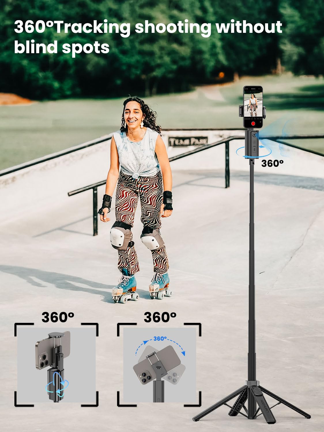 AOCHUAN Treppiede per rilevamento automatico del viso, con controllo gestuale per iPhone, asta estensibile, bastone per selfie rotante a 360°, telecomando wireless, registrazione video per treppiede