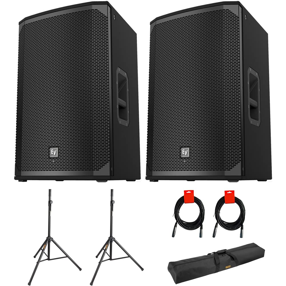 EKX-15P 15" Two-Way Full Range 1500W Powered Loudspeaker (Pair) Bundle with Auray SS-47S-PB Steel Speaker Stands with Carrying Case and 2X XLR-XLR Cables