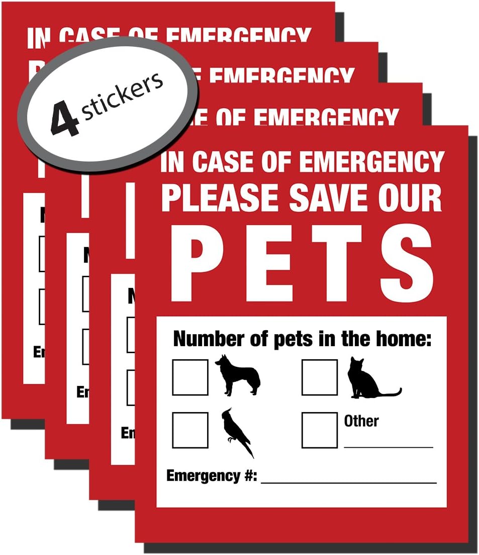 Pet Inside Finder Sticker - 4 Pack - Adhesive on FRONT and BACK. In a Fire Emergency, Firefighters will see alert on the window, door, or house and rescue your cat/dog. Safety first in case of fire.