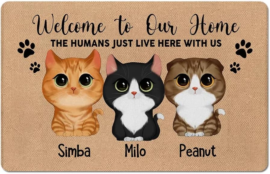 Watercolor Cute Cats All Visitors Must Be Approved by Cats Personalized Doormat, Welcome Mat Mom Gift Dad Lover Gifts Funny Decor Home Rule Up to 3 Cats (6)