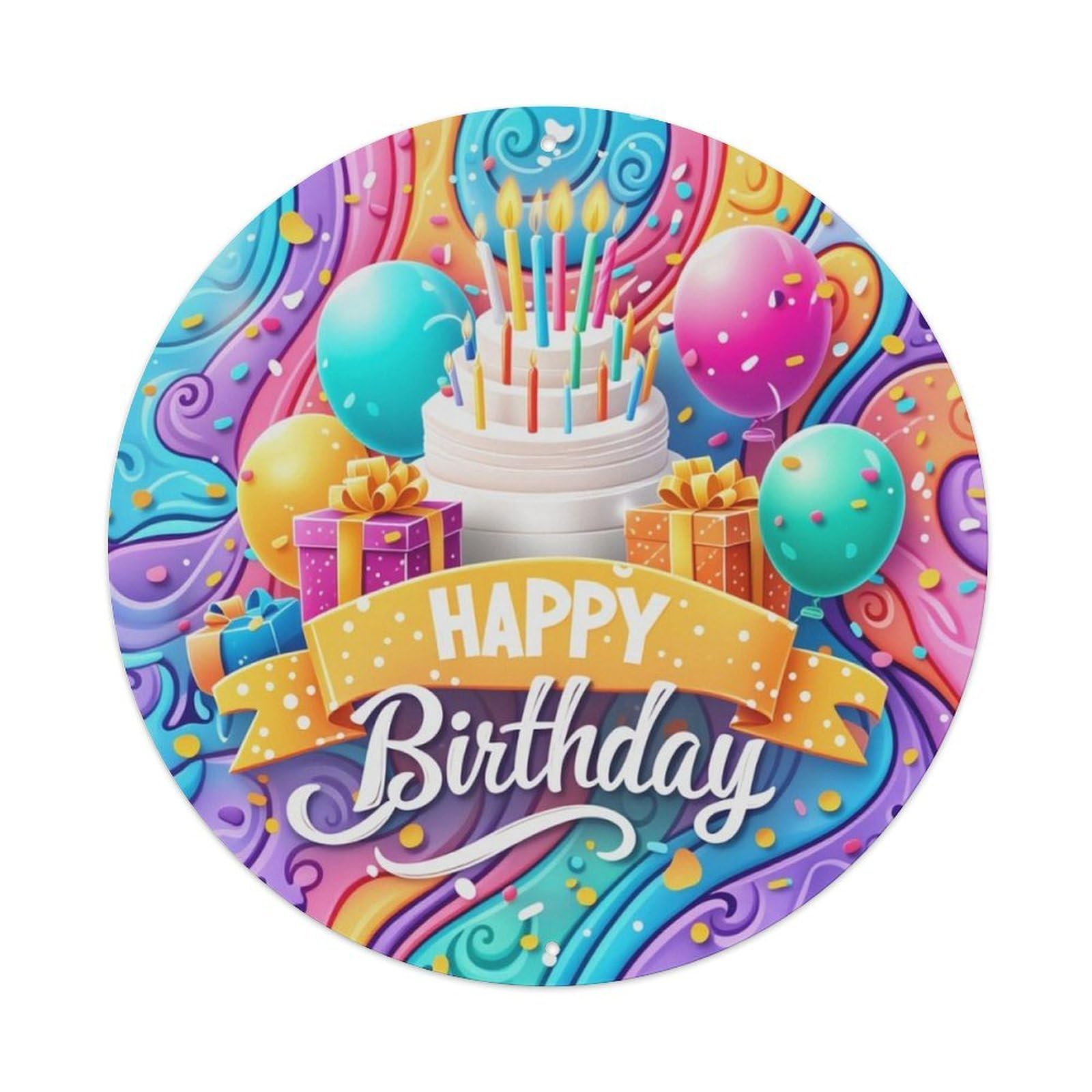 Colorful Birthday Cake Balloon Round Decor Sign Vintage Aluminium Metal Sign, Retro Wall Decor for Home, Bar, Garage & Farmhouse 20x20cm
