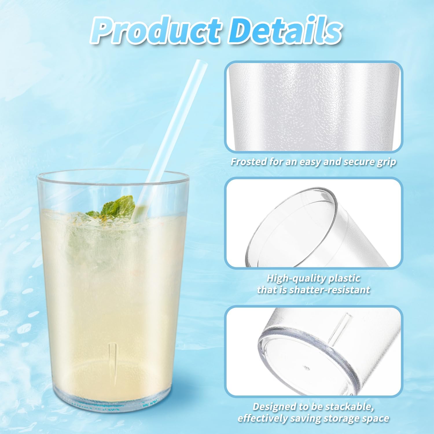 GEMLORD 48 Pack 8 oz Clear Plastic Cup Reusable Restaurant Drinking Glasses, Stackable Frosted Shatterproof Drink Tumblers Bulk for Party and Catering Supplies, Kitchen