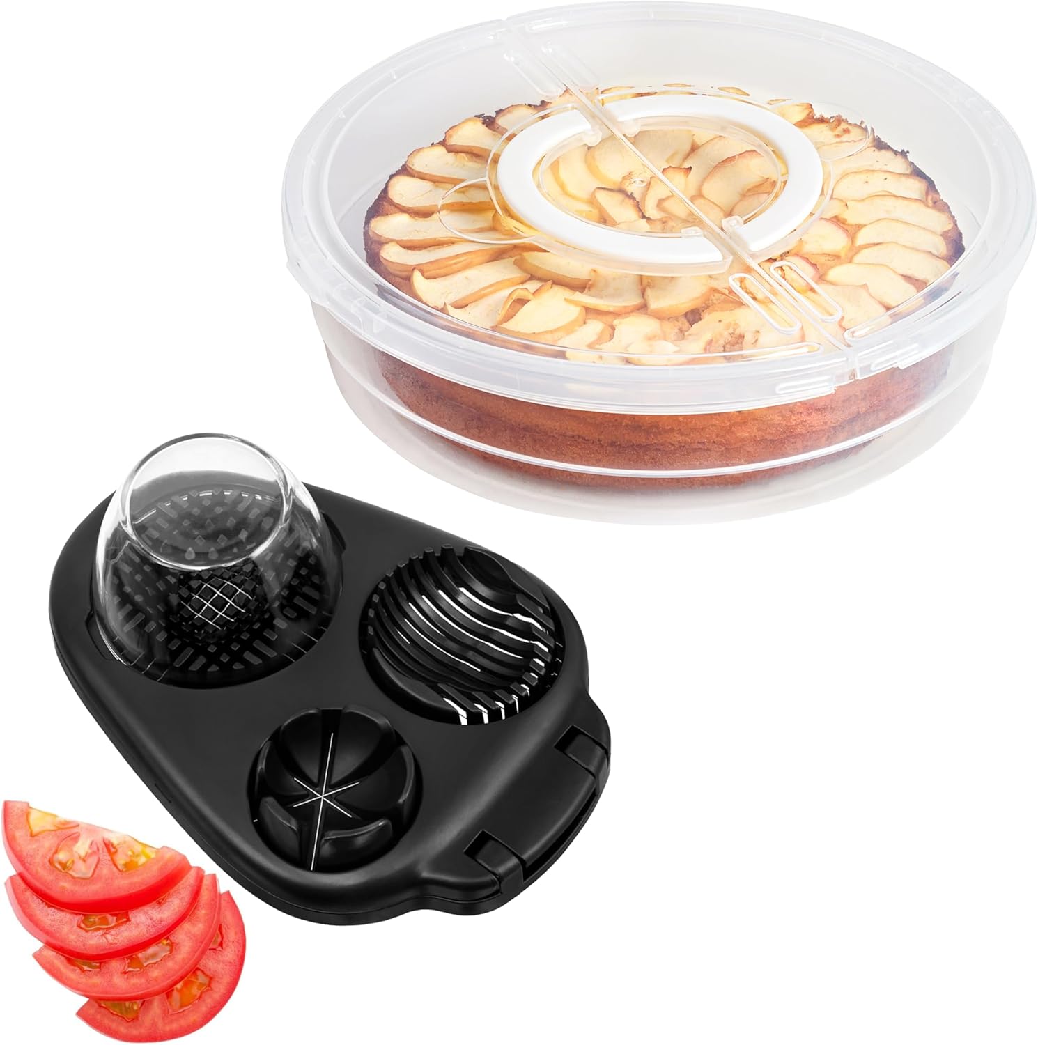 CraftyCrocodile Plastic Pie Carrier with Lid and Handles and Egg Slicer for Hard Boiled Eggs, Black, Bundle