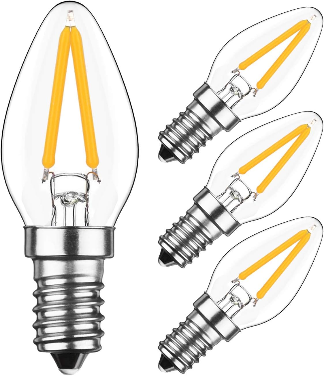 2W E12 C7 Candelabra LED Light Bulbs(4 Pack) LED Filament Light Bulbs 20W Equivalent 2700K Warm White Clear Glass C7 Mini Candle Torpedo Shape,Night Light Bulbs E12 Small Edison Screw Can