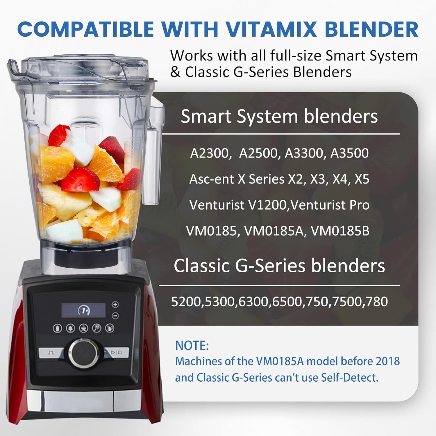 Compatible with vitamix Ascent 64oz Container, Replace Venturist V1200 A3500 A3300 A2500 A2300 X2 X3 X4 X5 VM0185 VM0185A VM0185B Self Detect Containers, 64oz. Low-Profile Container Jar Cup