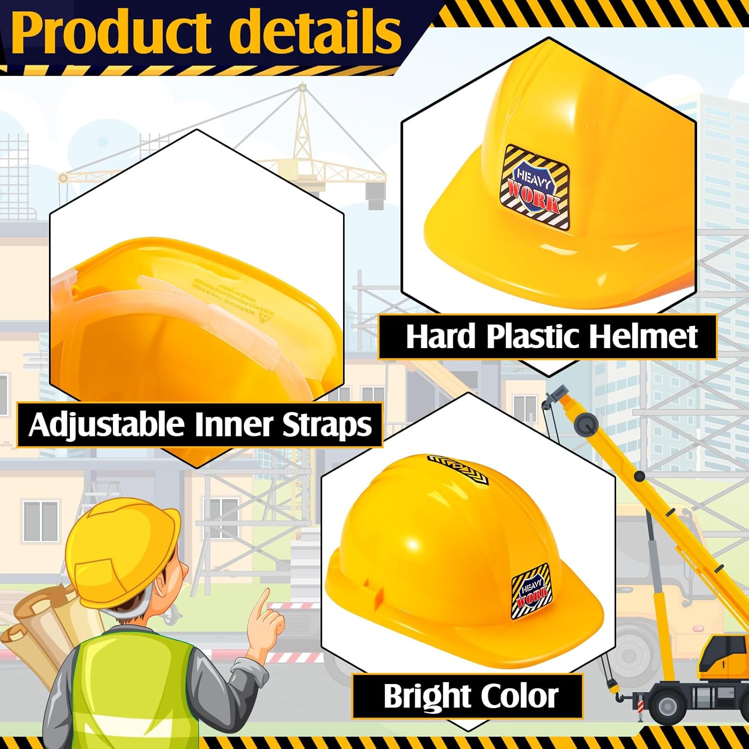 6 Pcs Construction Hats Plastic Hard Hat Construction Worker Hat Helmet for Girl Boy Engineer Building Theme Party