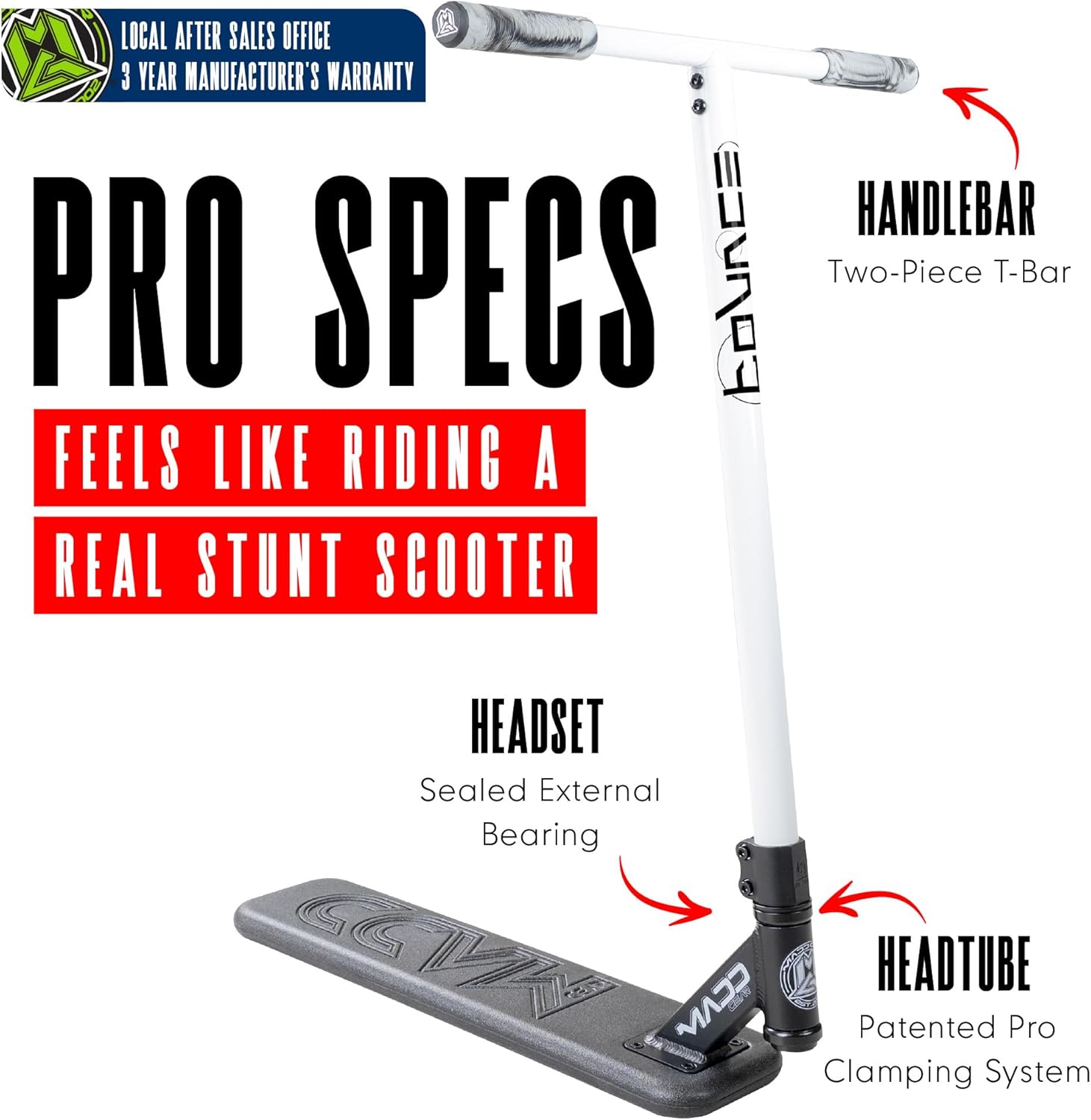 Bounce Trampoline Pro Scooter for Tricks – Real Headtube, Pro T-Bar, Foam Deck – Indoor & Outdoor Stunt Practice – Madd Gear