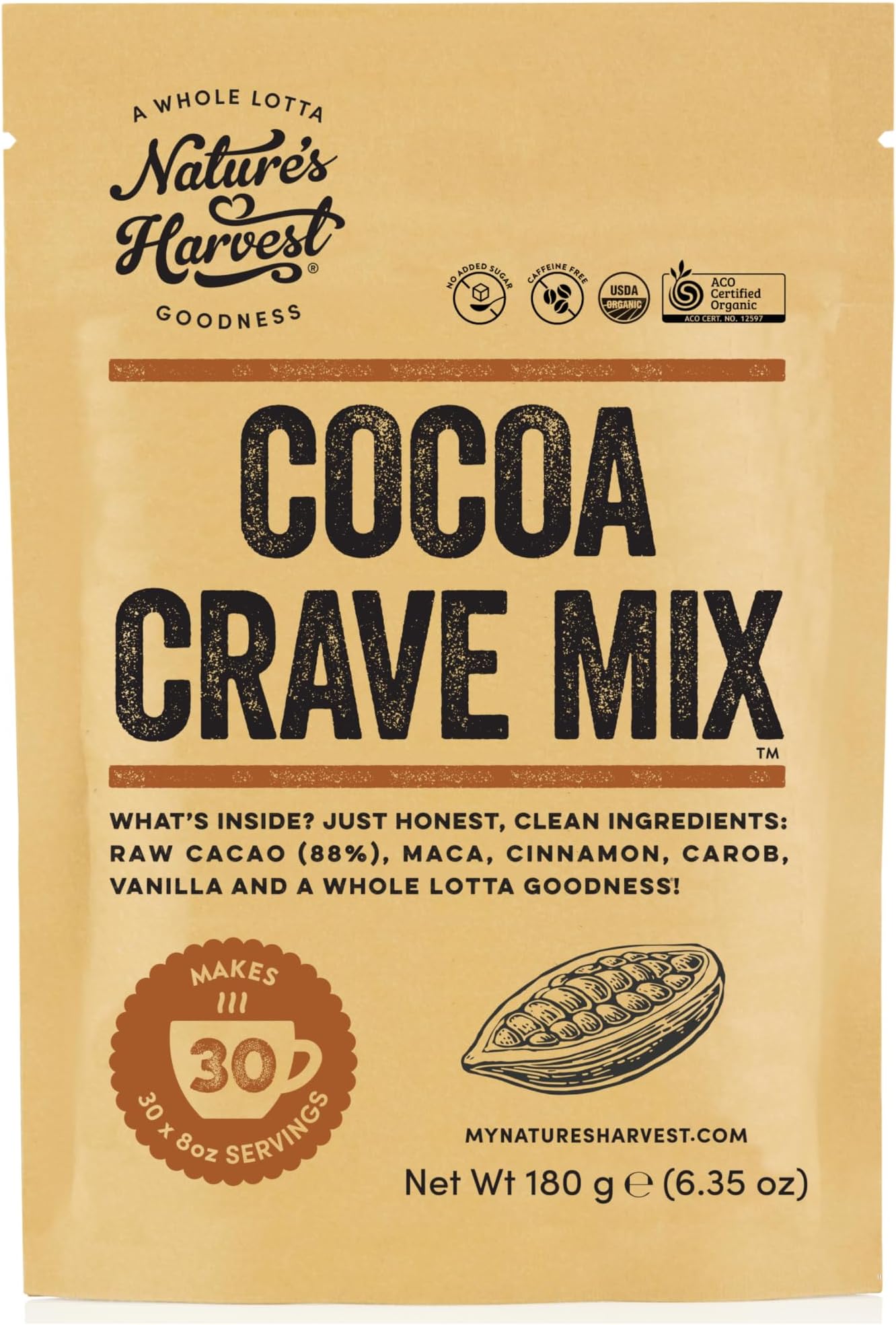 Cocoa Crave Mix - 5 Superfood Hot Chocolate Mix with Raw Organic Cacao Powder, Maca, True Cinnamon, Carob and Vanilla | Dark Chocolate Powder | Vegan, Gluten-Free, Unsweetened | 30 Servings