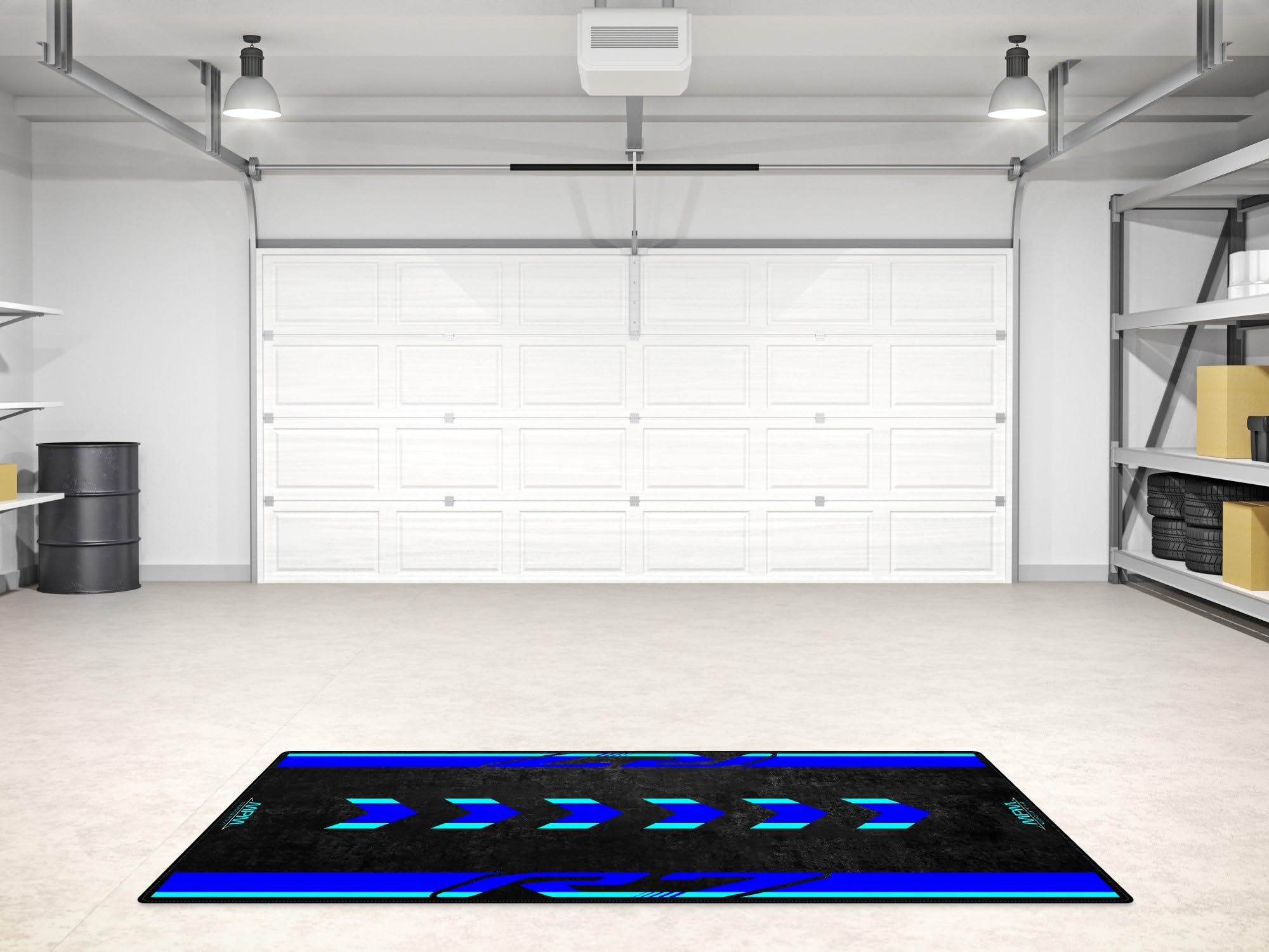 Tappetino per Moto MPM per R7 – Tappetino per parcheggio Lavabile Antiscivolo, Resistente all'olio e all'Acqua, per Garage, showroo | Icona Blu - Dimensioni 1: 86.6 x 39.4/220 x 100 cm