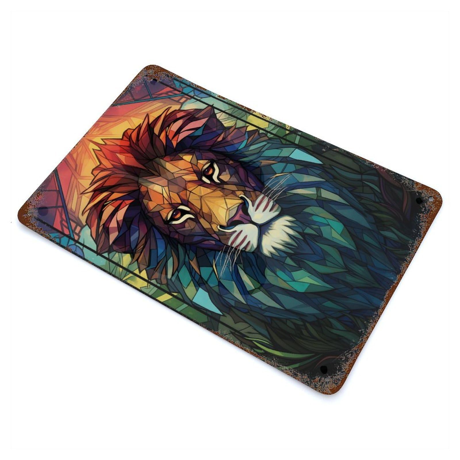 Lion Stained Glass Decorative Tin Sign 11.8"x7.9", for Bistro, Counter And Cafe Decor, Retro Wall Decor