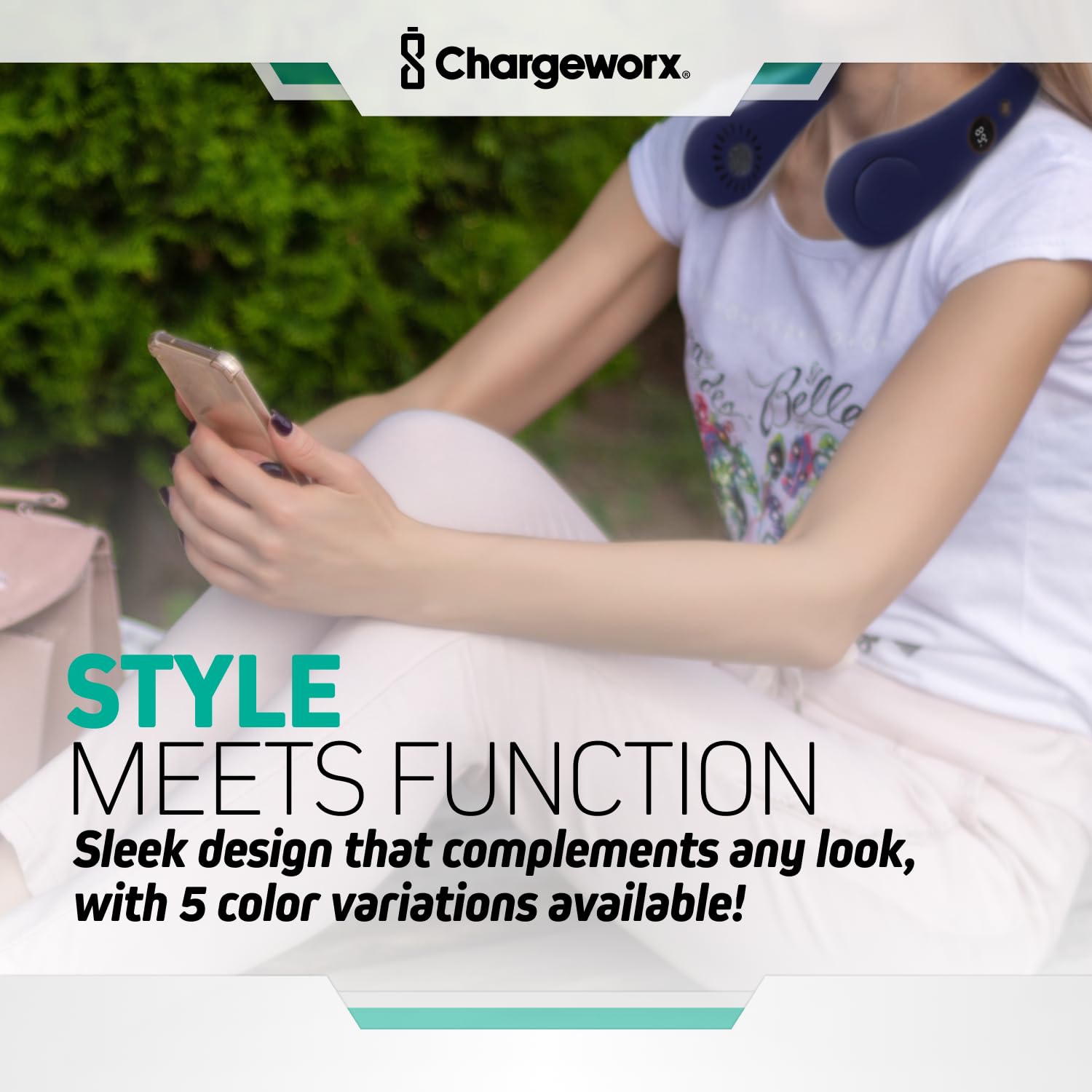 CHARGEWORX Ventilatore da collo con 5 modalità regolabili, batteria da 4000 mAh, ricaricabile tramite USB, design senza lama, super silenzioso, copertura a 360°, ideale per l'estate, per esterni (blu)
