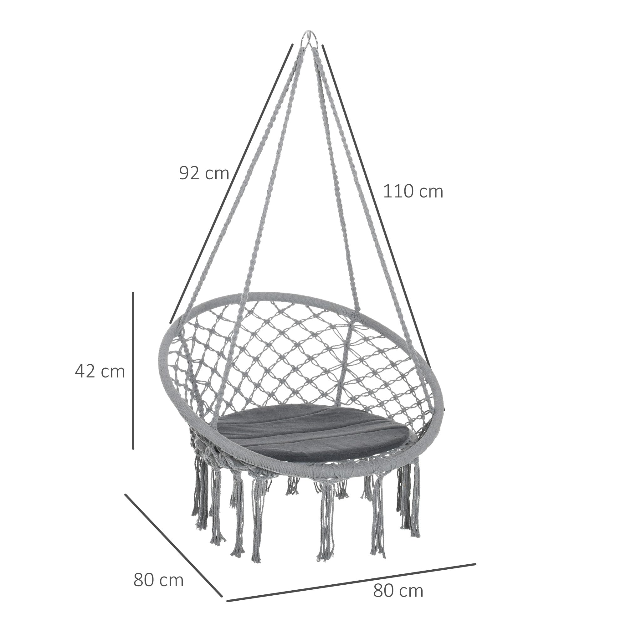 Outsunny Silla Colgante Redondo de Ø60 cm Silla Hamaca Columpio con Cojín y Cuerda de Algodón para Interior y Exterior Carga 120 kg 80x80x42 cm Gris