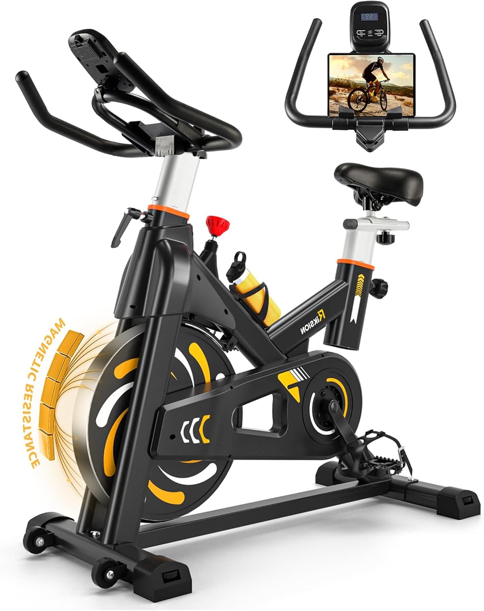 Heimtrainer Fahrrad, Riksion Hometrainer mit Flüsterleisem Magnetwiderstand, Spinning Bike Indoor bis 160 kg belastbar, Robuster Rahmen, Verstellbarer Widerstand und Transportrollen Grün/Blau