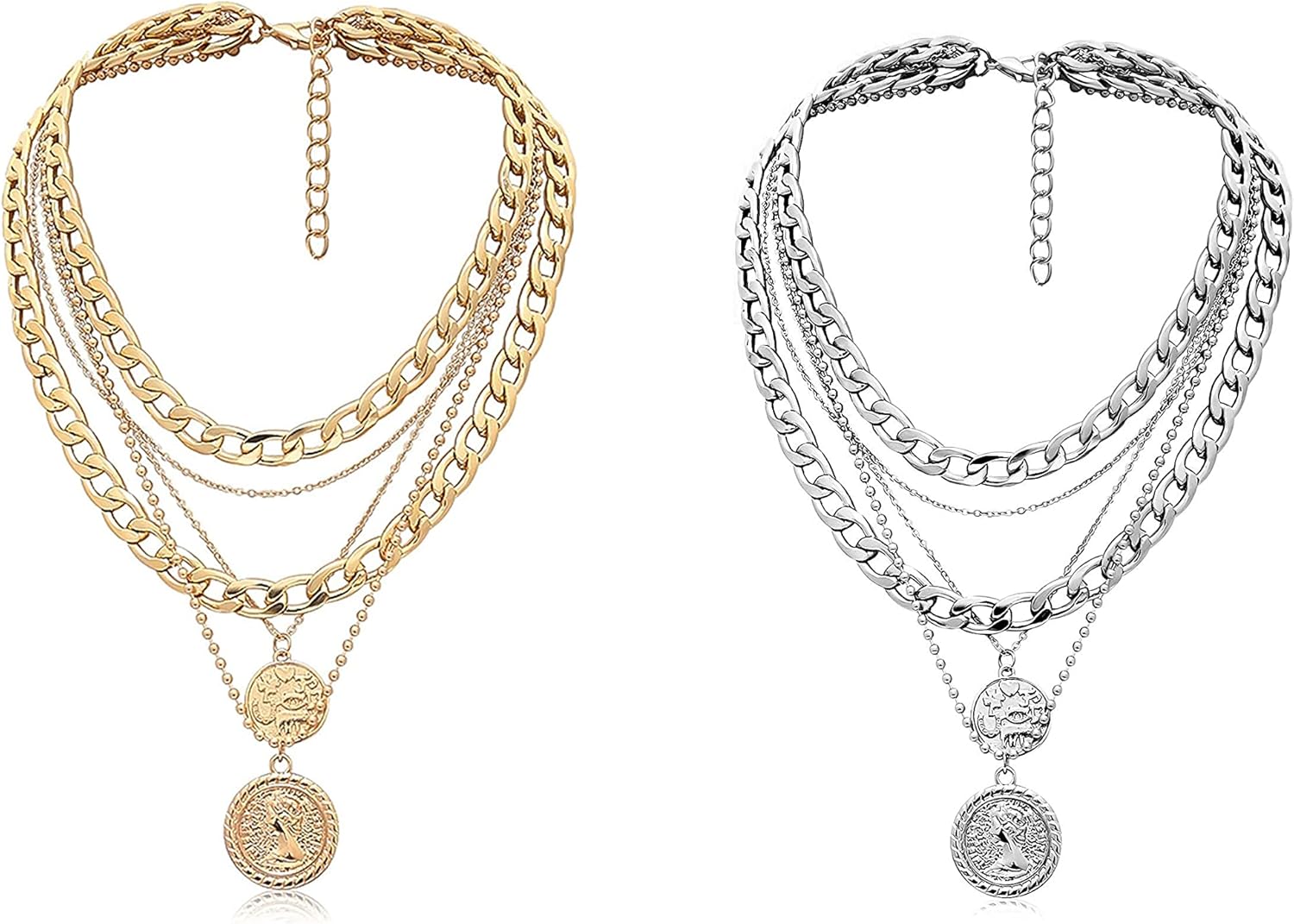 MJartoria Bundle - Women's Alloy Pendant Necklace Layered Retro Coin Gold Chain and Retro Coin Gold Chain Dainty Chunky Link Choker Jewelry Birthday Gifts