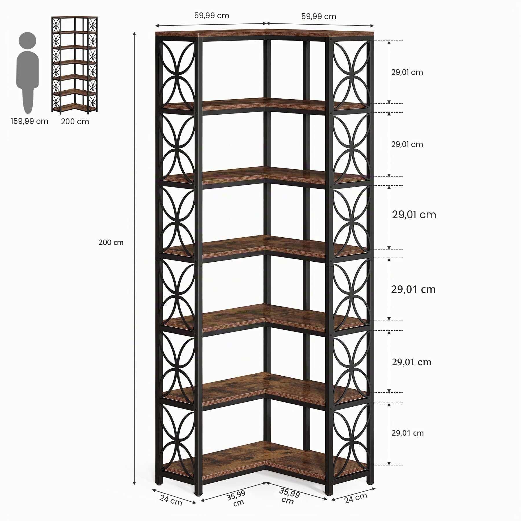 Tribesigns Libreria Angolare da 200 cm, Scaffale Angolare a Forma di L in Legno con 7 Ripiani, Stile Industriale, Angoliera Soggiorno per Soggiorno, Cucina, Ufficio, Marrone Rustico e Nero
