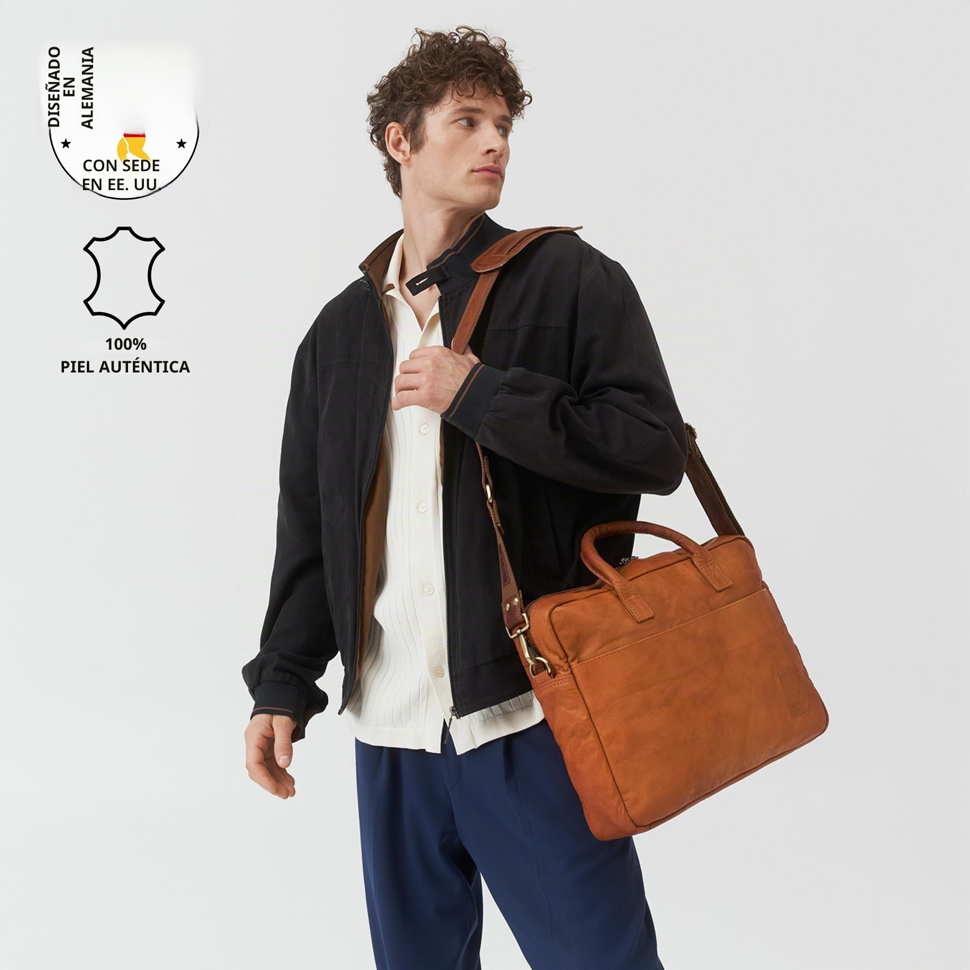 Berliner Bags Madrid Bolso de Piel Auténtica para Portátil de 15” con Múltiples Bolsillos y Correa Ajustable, para Hombre y Mujer – Marrón