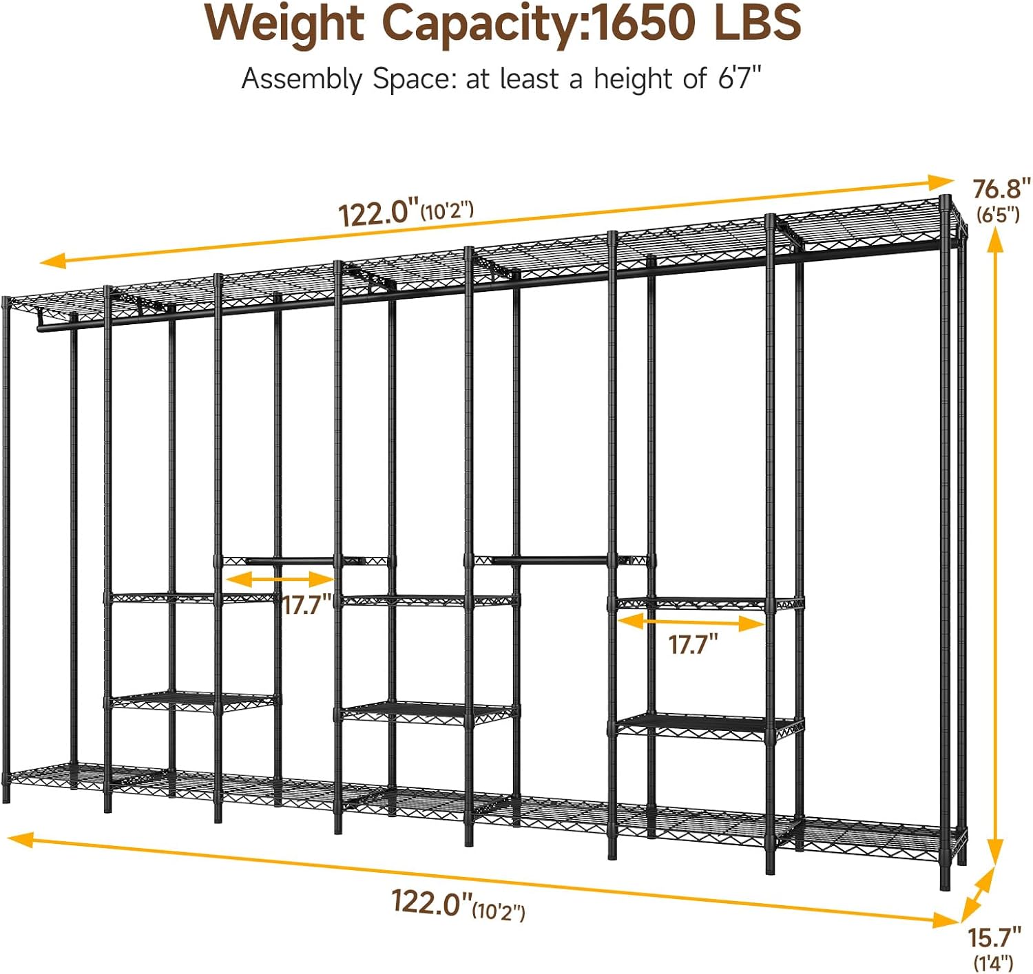 ONBRILL F7 Extra Large Industrial Pipe Clothing Rack, Portable Freestanding Closet Organizer System with Shelves & Hanging Rods, 122.0'' Wide Heavt Duty Clothes Rack, Max Load 1650lbs, Black