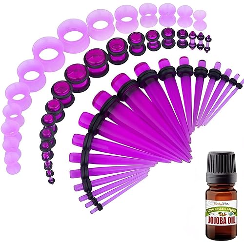 BodyJ4You 50PC Gauges Kit Ear Stretching Aftercare Jojoba Oil Wax 14G-12MM Tunnel Plug Taper Set