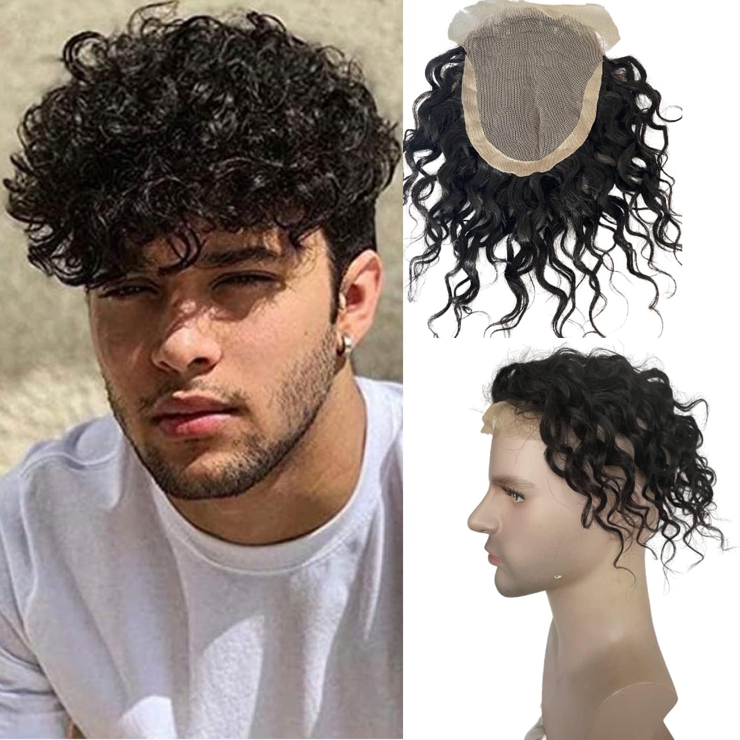 Men's Toupee 8inch Hairpieces Curly Hair 100% European Virgin Human Hair Replacement System Hair Topper Pieces for Men Swiss Lace Net with PU Base Size 4.33x6.69 inch Natural Black Color