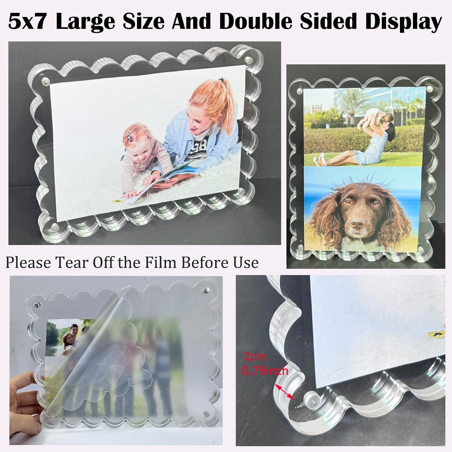 4 Pack 5x7 In / 4x6 Inch Acrylic Picture Frame, Magnetic Pictures Scalloped Frames Double Sided 10+10mm Thickness Clear Photo Frames for Desktop Display