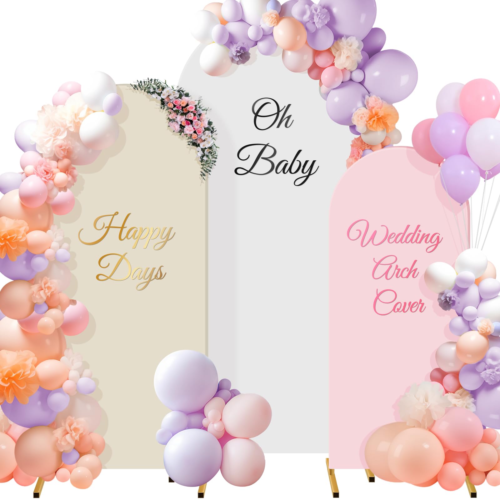 Buryeah Set of 3 Spandex Fitted Arch Backdrop Cover 2 Sided Wedding Arch Cover Arch Covers Stretchy Backdrop for Birthday Party Decor, No Arch Frame(White, Beige, Pink, 7.2ft, 6ft, 6ft)