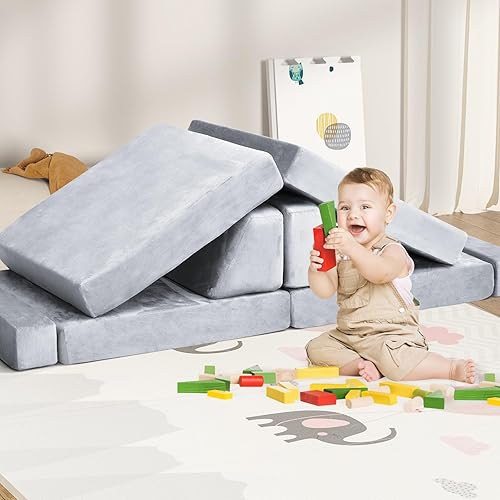 Miniatura 16 de Sofá de juegos para niños, sofá de 10 piezas para sala de juegos y dormitorio, modular para jugar, crear, dormir (rosa) Rosado,Gris,Gris (Grey