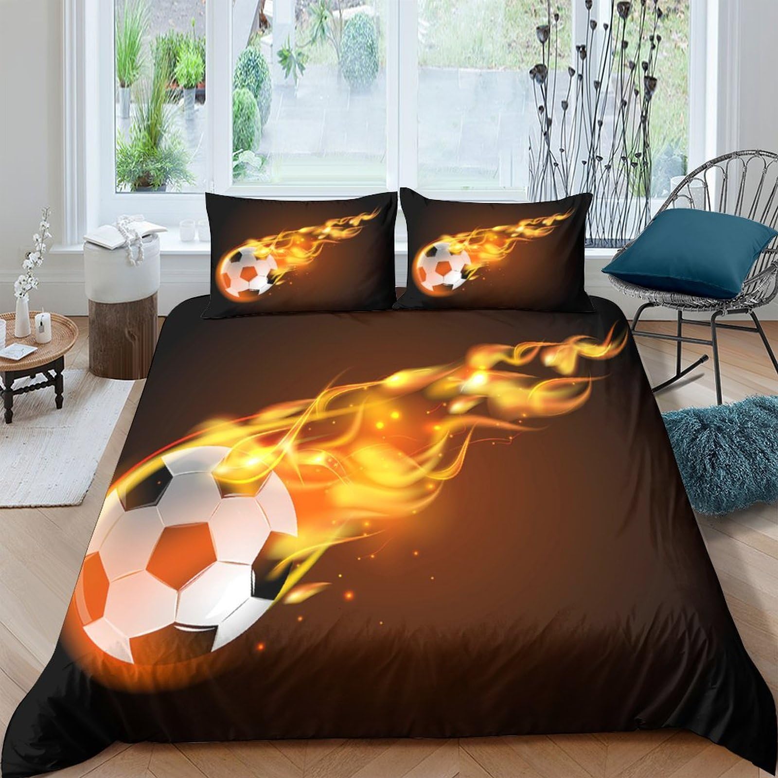 Ctjqhvkz Style-1 3D Printed Flaming Soccer Fitted Sheet Microfiber Smooth Orange Ball Bed Cover For Bedroom Dorm Mattress Protection Single（135X200cm）
