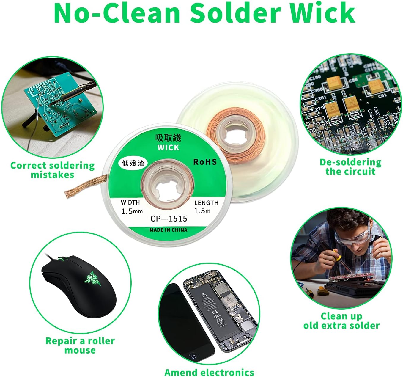 DaFuRui solder wick，8 Pack No-Clean solder wick braid solder remover sucker tool for Desoldering Wicks(1.5mm Width, 1.5m Length) - - 