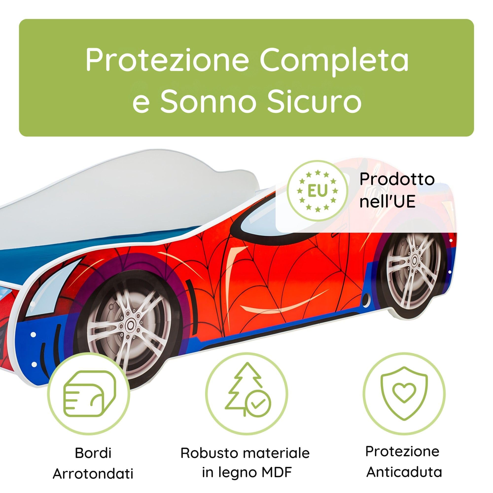 Lettino con materasso 80 x 160 cm, lettino per bambini con rete a doghe 80 x 160 cm, letto per bambini da corsa Spider