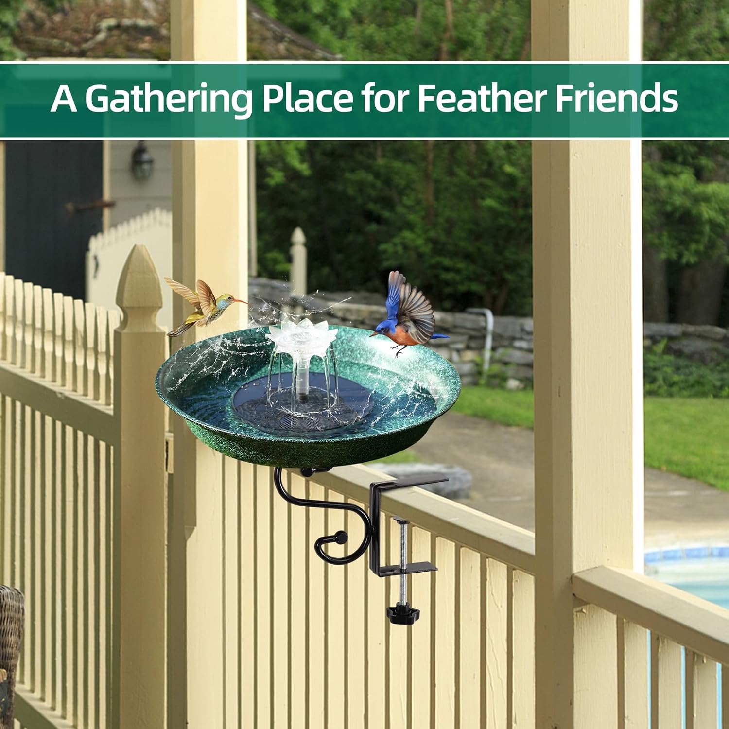 Deck Mounted Bird Bath with Solar Fountain,Solar Railing Bird Bath Fountains for Hummingbirds,Adjustable Metal Durable Deck Bird Bath Holder for Outdoor Railings, Patio Deck,Garden