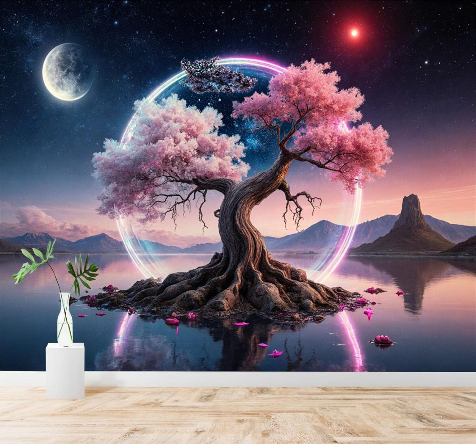 Tzxztt 300Cm×210Cm(B×H) Dreamlike Pink Cherry Blossom Trees Moon Lake Mountains Modern 3D Wallpaper Premium Textured Silk Neutral Tones Material Ideal For Living Room Bedroom-300Cm×210Cm